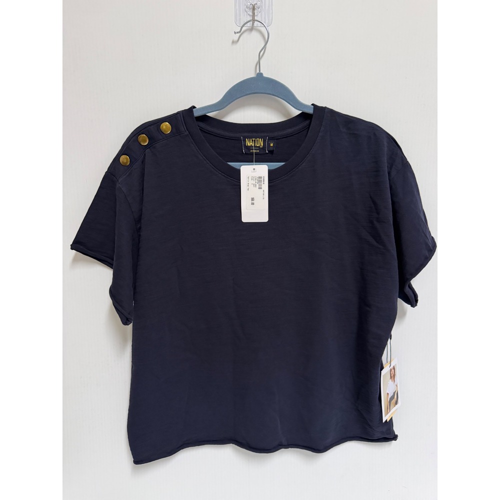 Nation LTD Terrin Snap Tee Navy Blue Short Sleeve Button Shoulder Top Size M NEW